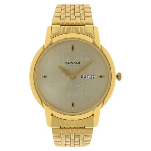 sonata quartz analog with day and date champagne dial stainless steel strap watch for men