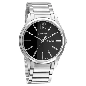 sonata aspire quartz analog black dial stainless steel strap watch for men