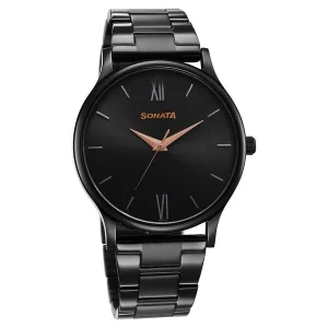 sonata aspire quartz analog black dial stainless steel strap watch for men