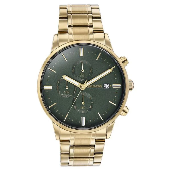 sonata quartz multifunction green dial golden stainless steel strap watch for men sonata quartz multifunction green dial golden stainless steel strap watch for men