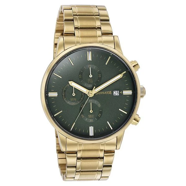 sonata quartz multifunction green dial golden stainless steel strap watch for men sonata quartz multifunction green dial golden stainless steel strap watch for men