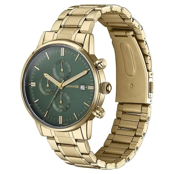 sonata quartz multifunction green dial golden stainless steel strap watch for men sonata quartz multifunction green dial golden stainless steel strap watch for men