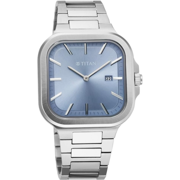 titan classique slim square quartz analog with date blue dial silver stainless steel strap watch for men titan classique slim square quartz analog with date blue dial silver stainless steel strap watch for men