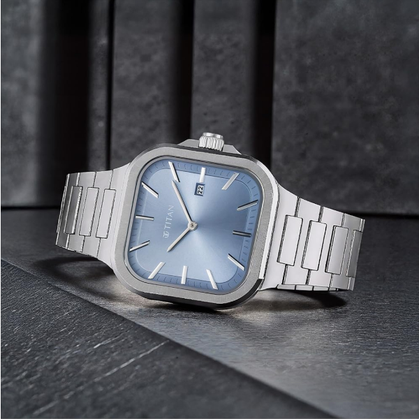 titan classique slim square quartz analog with date blue dial silver stainless steel strap watch for men titan classique slim square quartz analog with date blue dial silver stainless steel strap watch for men