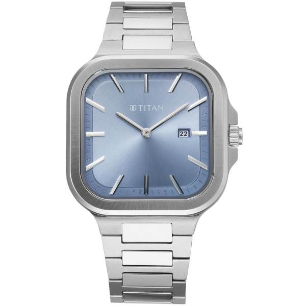 titan classique slim square quartz analog with date blue dial silver stainless steel strap watch for men titan classique slim square quartz analog with date blue dial silver stainless steel strap watch for men