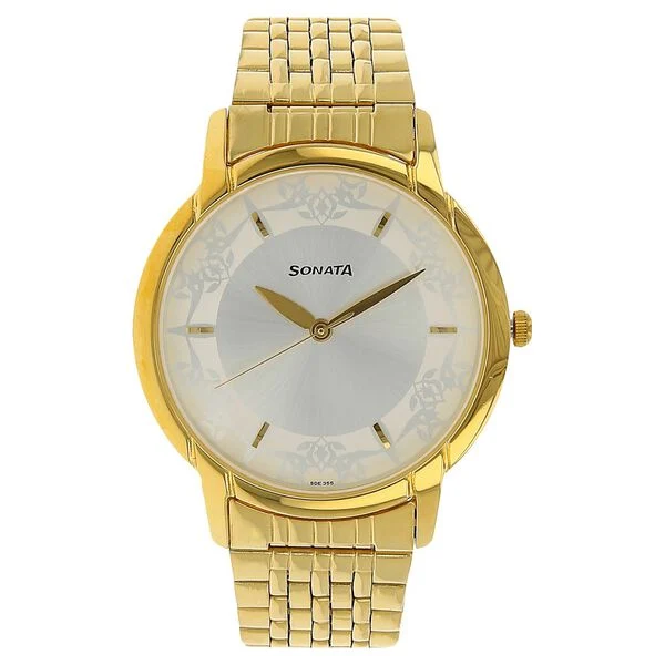 sonata quartz analog with day and date champagne dial stainless steel strap watch for men