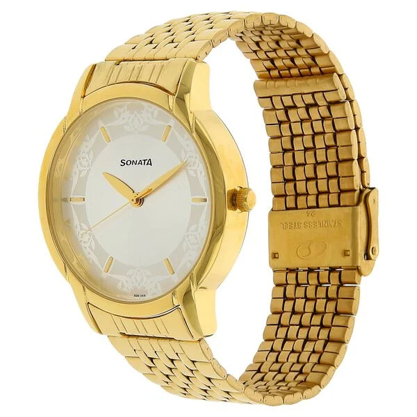 sonata quartz analog with day and date champagne dial stainless steel strap watch for men