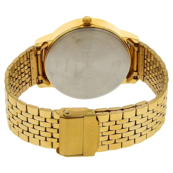sonata quartz analog with day and date champagne dial stainless steel strap watch for men