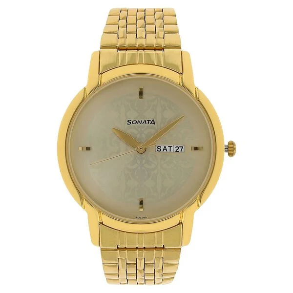 sonata quartz analog with day and date champagne dial stainless steel strap watch for men