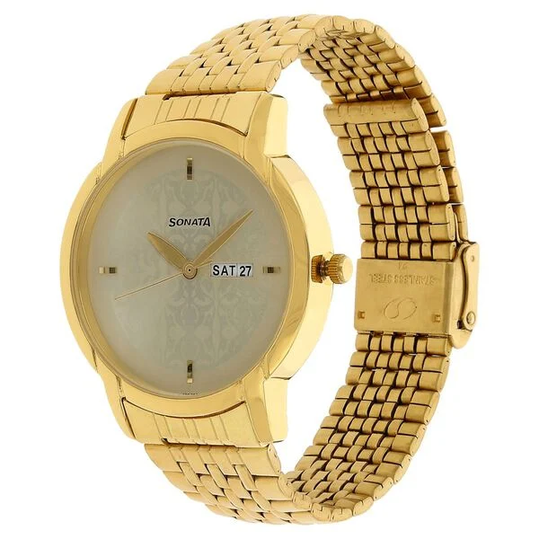 sonata quartz analog with day and date champagne dial stainless steel strap watch for men