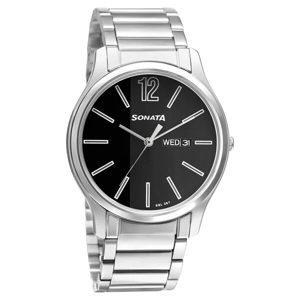 sonata aspire quartz analog black dial stainless steel strap watch for men