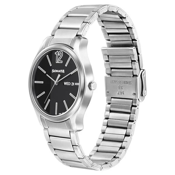 sonata aspire quartz analog black dial stainless steel strap watch for men