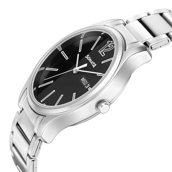sonata aspire quartz analog black dial stainless steel strap watch for men