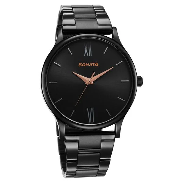 sonata aspire quartz analog black dial stainless steel strap watch for men