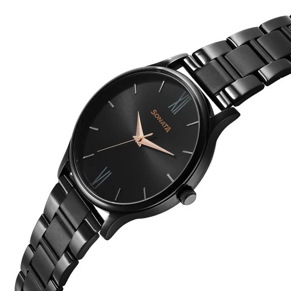 sonata aspire quartz analog black dial stainless steel strap watch for men