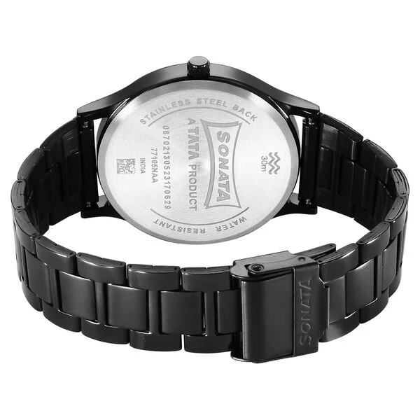 sonata aspire quartz analog black dial stainless steel strap watch for men