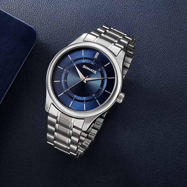sonata quartz analog blue round dial silver stainless steel strap watch for men