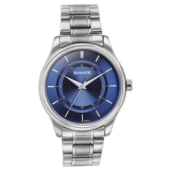 sonata quartz analog blue round dial silver stainless steel strap watch for men