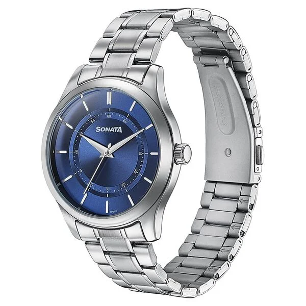 sonata quartz analog blue round dial silver stainless steel strap watch for men
